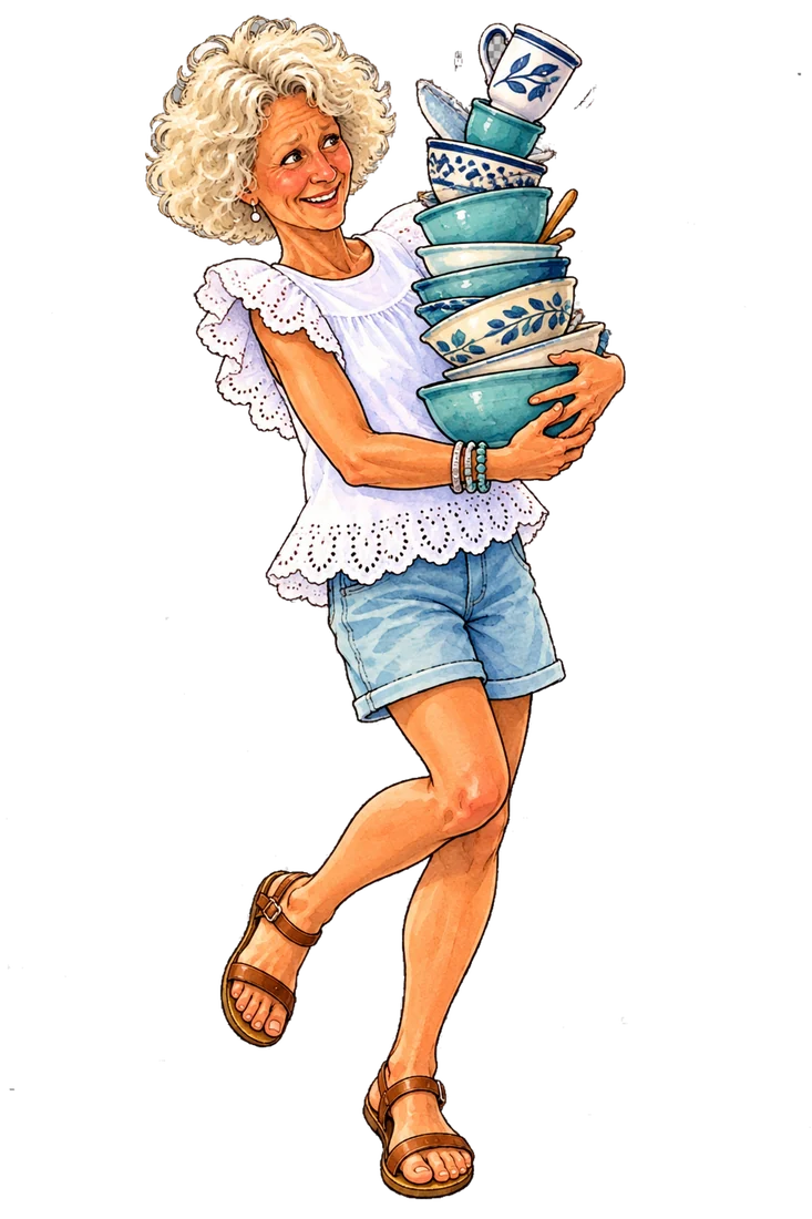 Helena mit einem Stapel Keramik im Arm