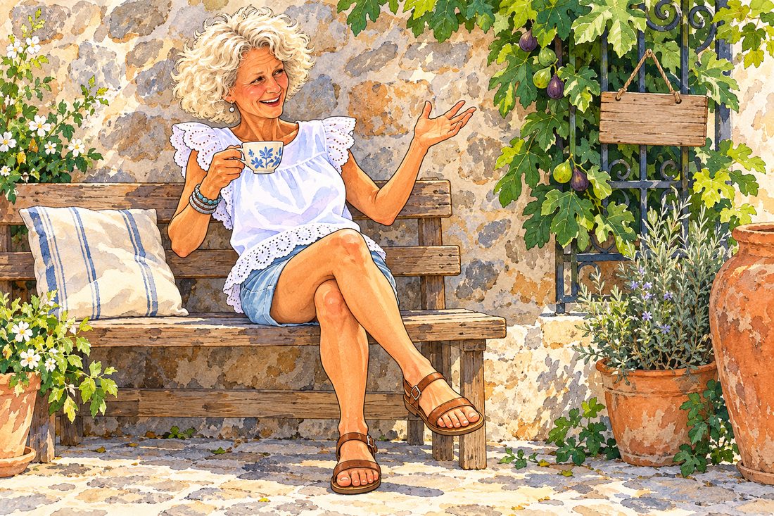 Helena sitzt auf der Bank und erzählt